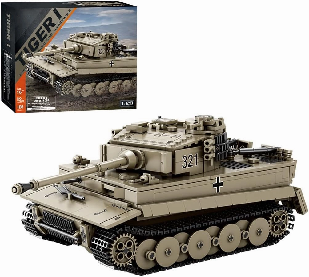 Tiger 1 Tank Model for Adults to Build, 1/28 Scale German Military MOC Tank Building Blocks Set, 1138 PCS Creative Vehicle Bricks Model Gift for Teens