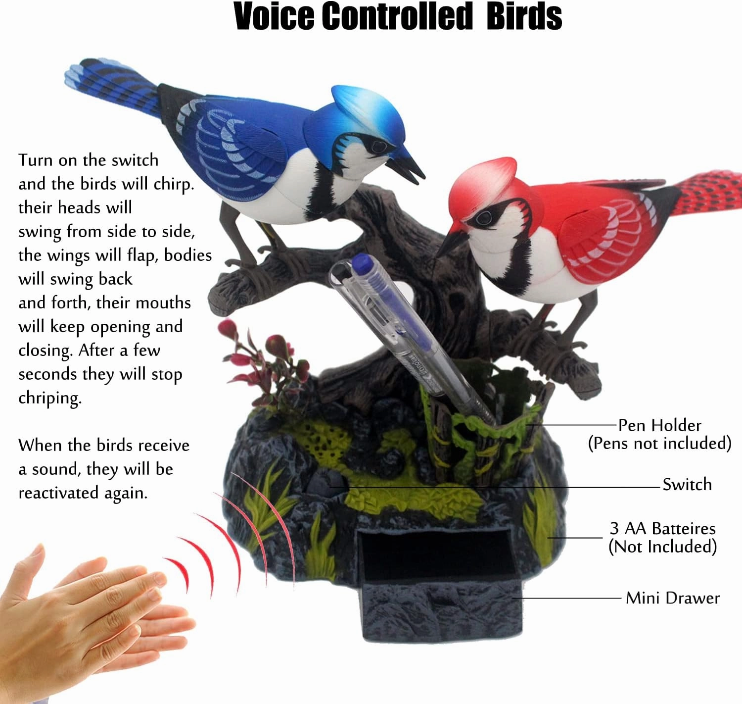 Tipmant Simulation Electric Birds Toys Voice Controlled Electronic Animal Pets Realistic Pen Holders Office Home Decor Ornament Kids Birthday Gifts (Blue)