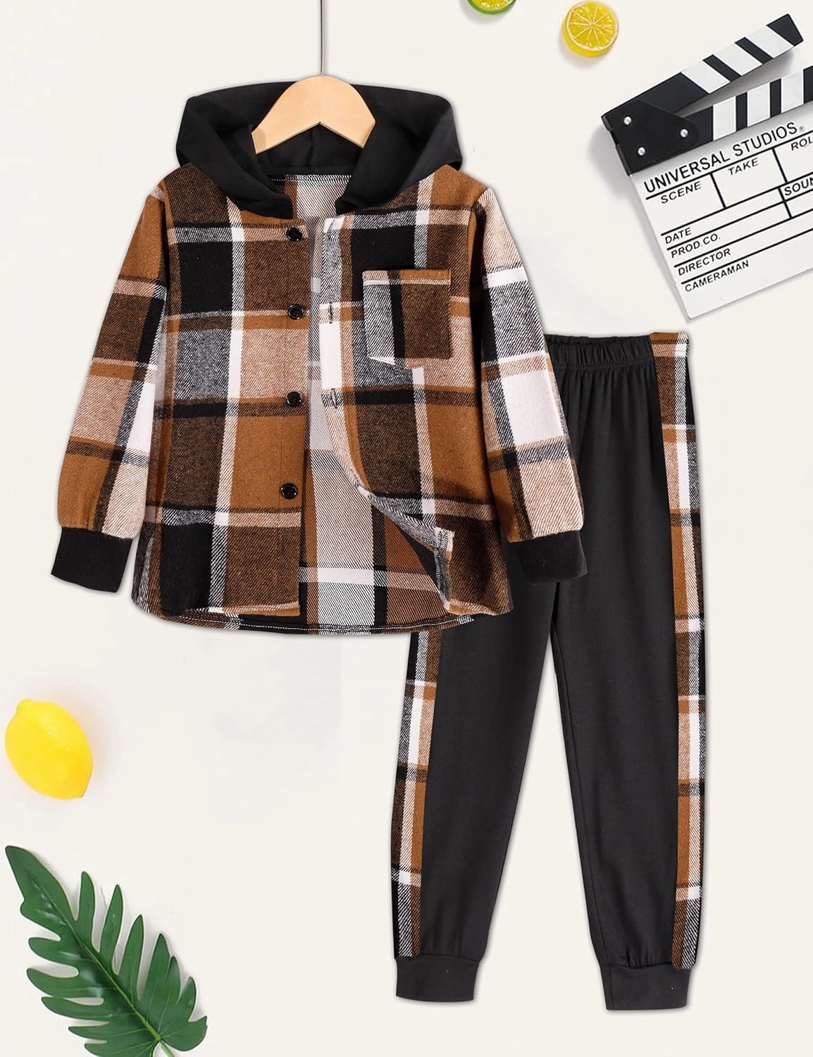 Toddler Boys Clothes Button Down Hooded Plaid Long-sleeve Tops   Sweatpants Boys Fall Winter Outfits