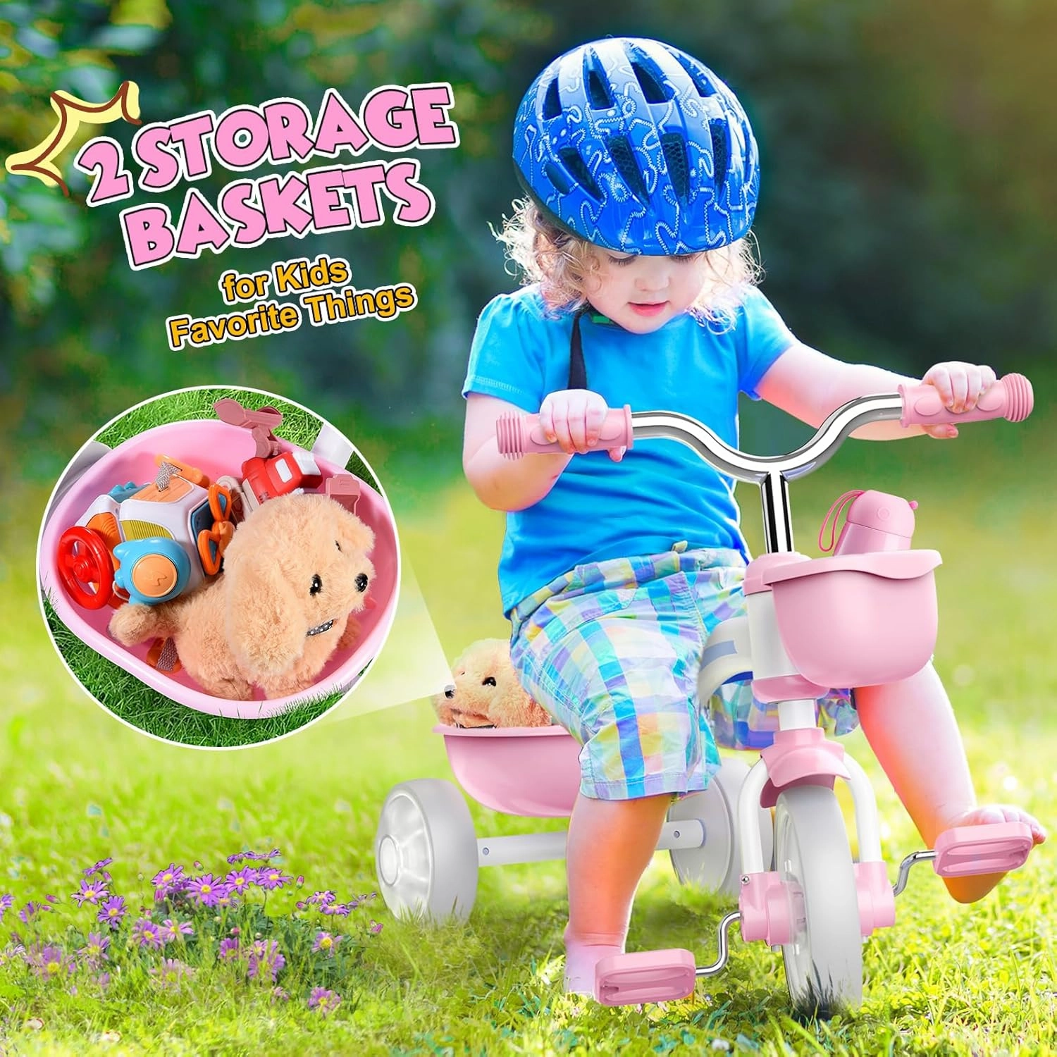 Toddler Tricycle for 1-3 3-5 Year Olds, Toddler Toys Baby Bike, Toys for Ages 2-4, 3-Level Adjustable Seat, 3 Colorful Lighting Wheels, 2 3 4 5 Year Old Girl Birthday Gifts Pink