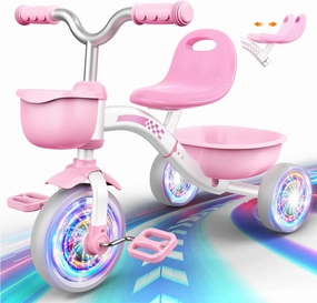 Toddler Tricycle for 1-3 3-5 Year Olds, Toddler Toys Baby Bike, Toys for Ages 2-4, 3-Level Adjustable Seat, 3 Colorful Lighting Wheels, 2 3 4 5 Year Old Girl Birthday Gifts Pink