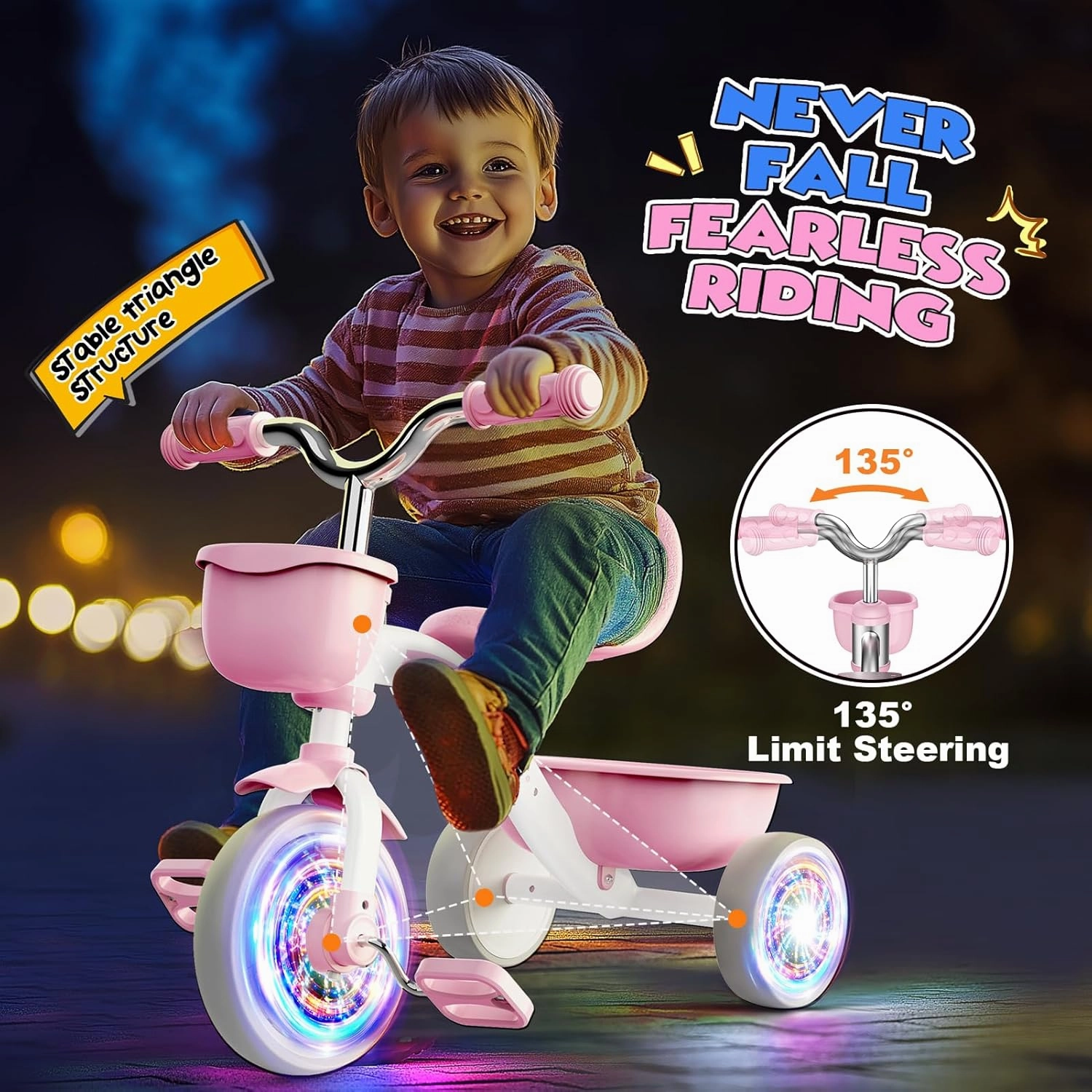 Toddler Tricycle for 1-3 3-5 Year Olds, Toddler Toys Baby Bike, Toys for Ages 2-4, 3-Level Adjustable Seat, 3 Colorful Lighting Wheels, 2 3 4 5 Year Old Girl Birthday Gifts Pink