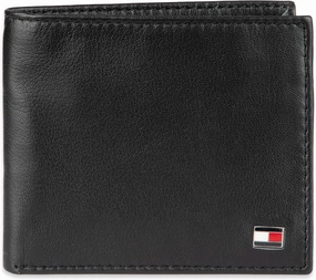 Tommy Hilfiger Men's Leather Wallet – Slim Bifold with 6 Credit Card Pockets and Removable ID Window, Dark Black, One Size