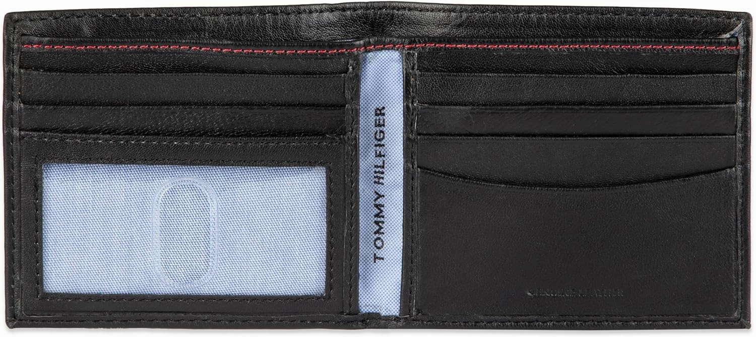 Tommy Hilfiger Men's Leather Wallet – Slim Bifold with 6 Credit Card Pockets and Removable ID Window, Dark Black, One Size