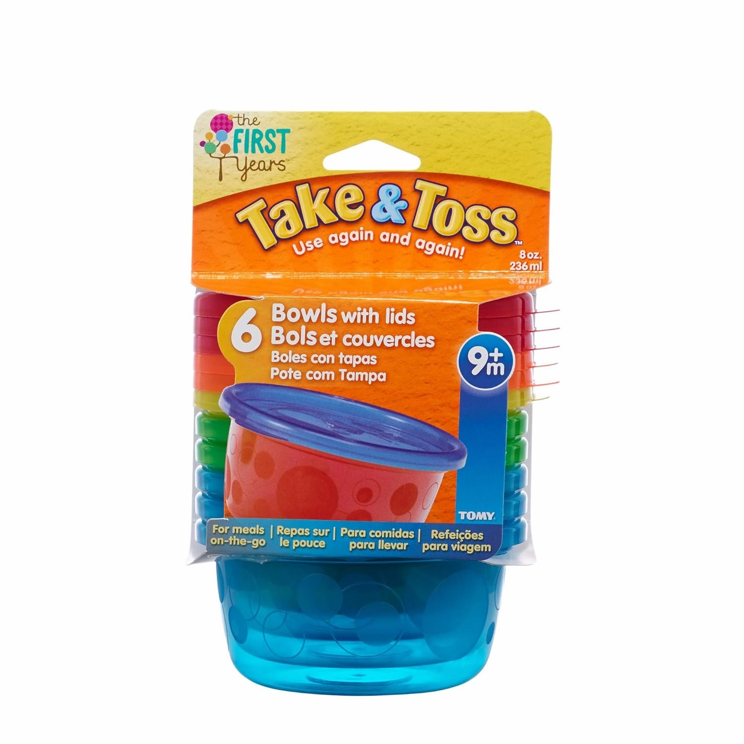 TOMY Take & Toss Toddler Bowls with Lids - 8oz, 6 pack, Colors May Vary (Y1032)
