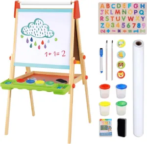 TOOKYLAND Wooden Easel for Kids - Adjustable Height Stand with Magnetic Whiteboard, Chalkboard, Paper Roll, Magnets, Drawing and Painting Accessories; Arts & Crafts Toy for 3 Year Old  