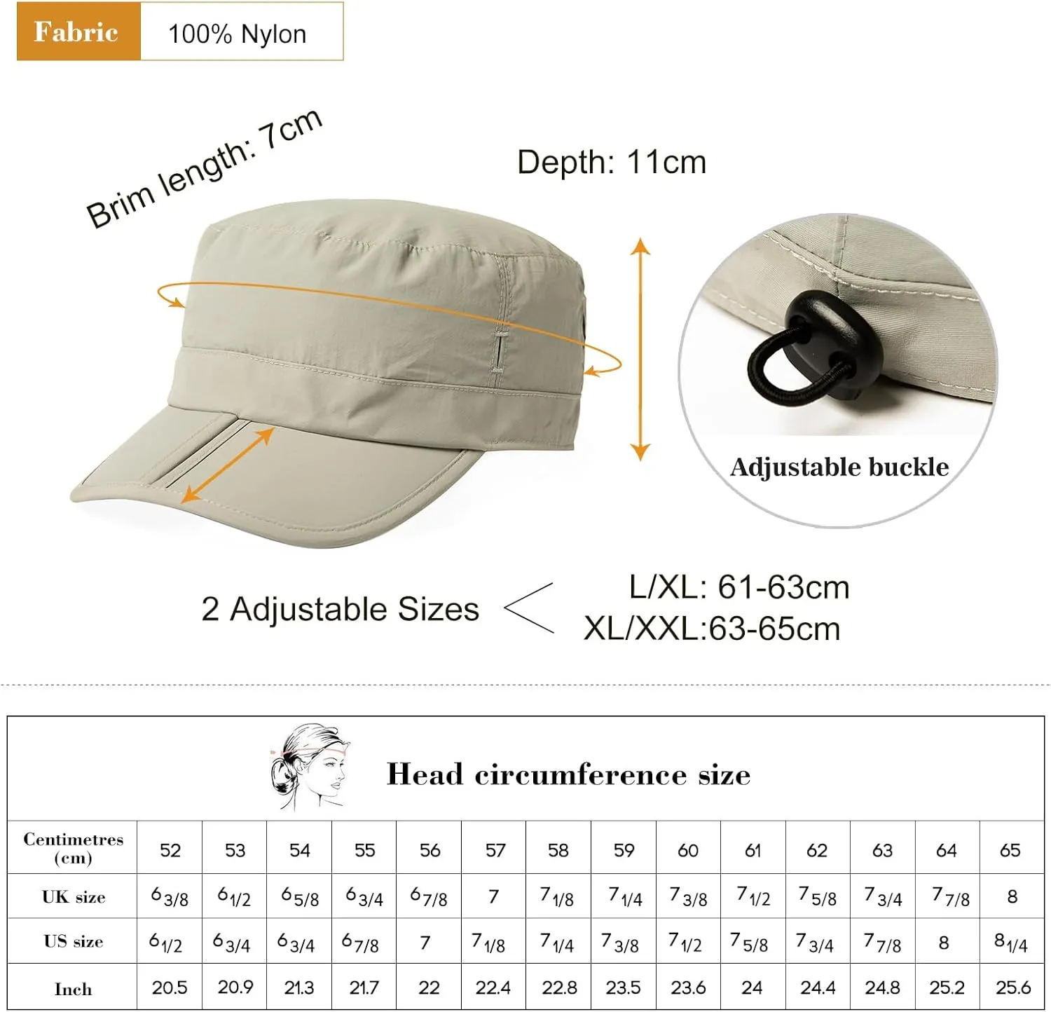 TOP-EX XL XXL Waterproof & UV50  Army Cap w/Foldable Brim & Card Pocket 61-65CM