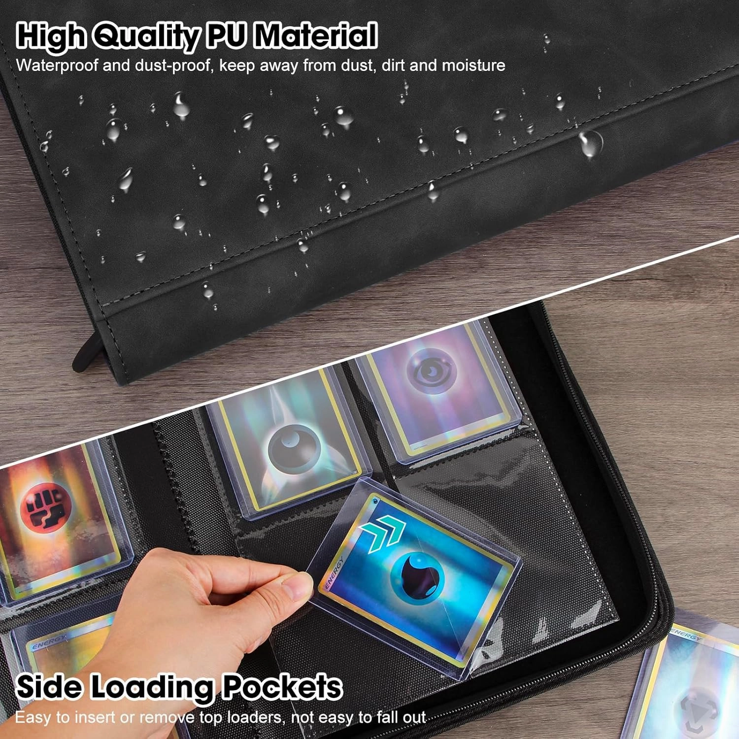 Top Loader Card Binder, Holds 112 Top Loaders Storage, 4 Pockets with Sleeves, Trading Cards Album for Sports Cards, YGO/MTG/TCG Cards Collection Binder - Black (Not for Cards WITHOUT a Top Loader)