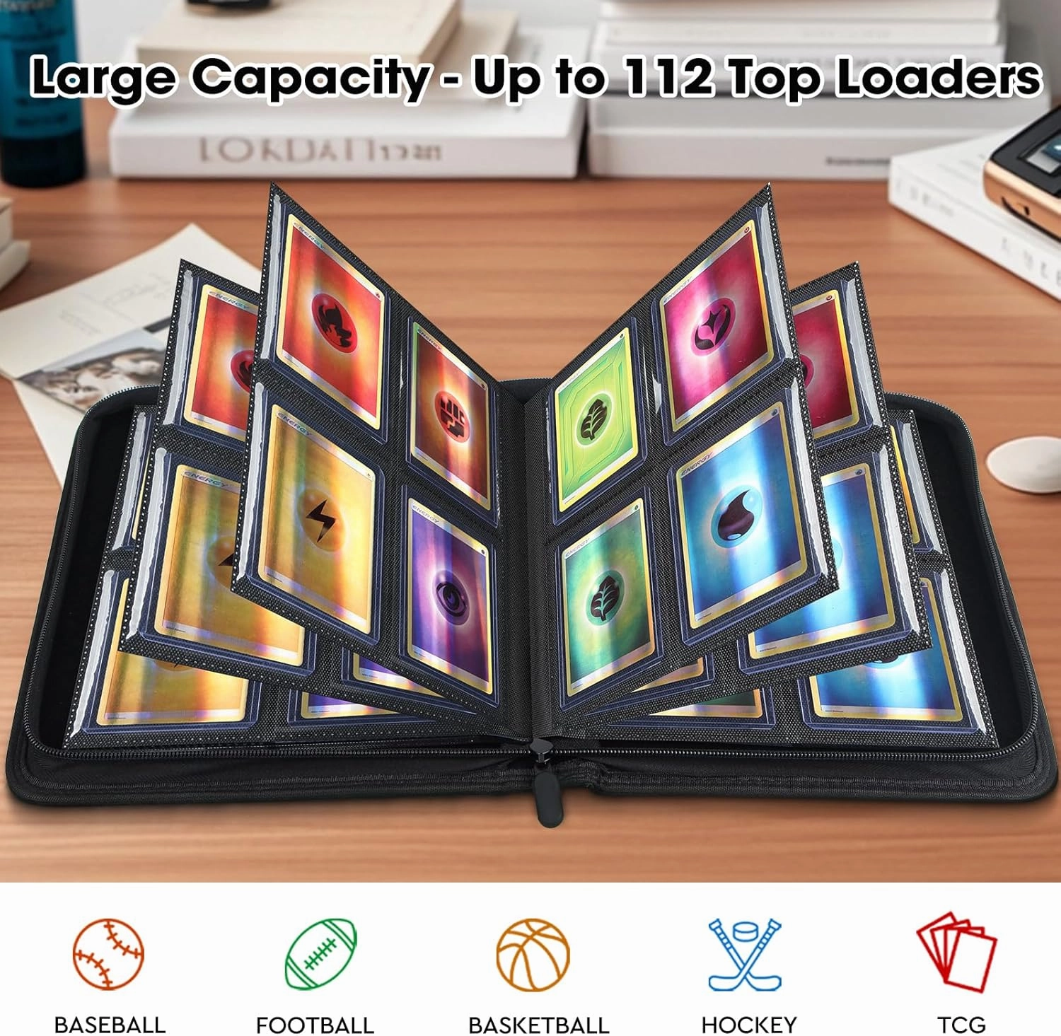 Top Loader Card Binder, Holds 112 Top Loaders Storage, 4 Pockets with Sleeves, Trading Cards Album for Sports Cards, YGO/MTG/TCG Cards Collection Binder - Black (Not for Cards WITHOUT a Top Loader)