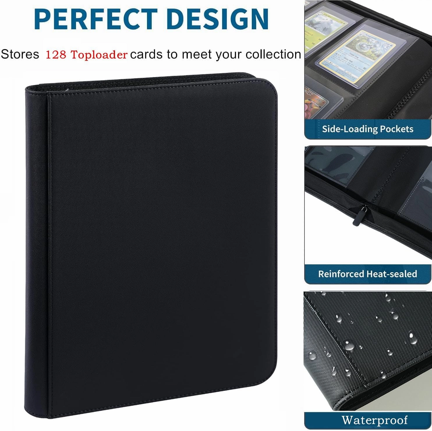 Toploader Binder,4-Pocket Double Sided Top Loaders Binder,Holds 128 Cards in 3"x4" Toploaders,PU Leather Card Binder Abulm for Toploader Trading,Sports,and Gaming Cards (Black)