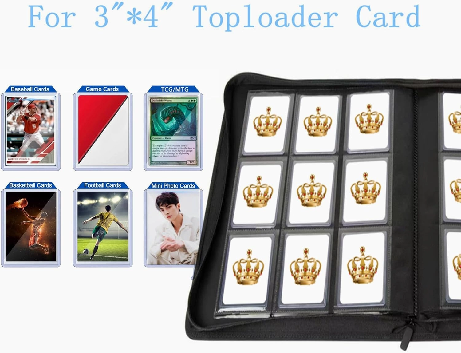 Toploader Binder,9-Pocket Double Sided Top Loader Binder,Holds 360 Cards in 3"x4" Toploaders,PU Leather Card Binder Abulm for Toploader Trading,Sports,and Gaming Cards (Sky Blue)