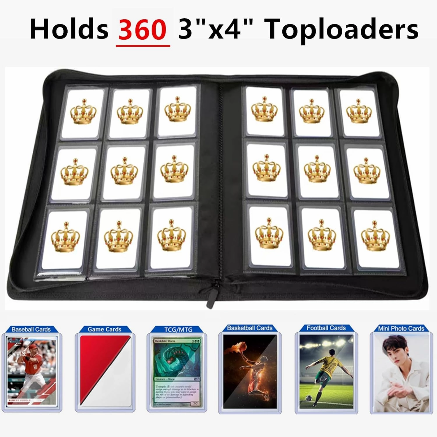 Toploader Binder,9-Pocket Double Sided Top Loader Binder,Holds 360 Cards in 3"x4" Toploaders,PU Leather Card Binder Abulm for Toploader Trading,Sports,and Gaming Cards (Sky Blue)