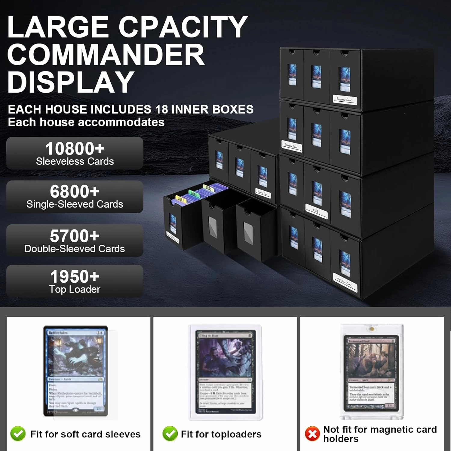 Toploader Storage Box,Holds 2000  Toploaders,Toploader Card Storage Box for Commander Display,with 72 Dividers, Labels & Tapes,Fit for TCG, PTCG, MTG