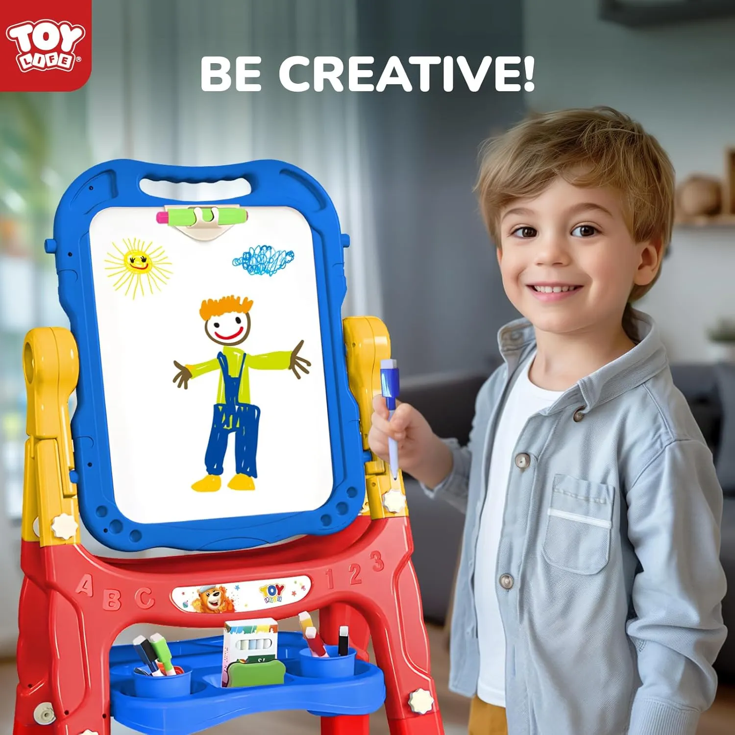 TOY Life Art Easel for Kids - Adjustable Standing Toddler Easel, 4 in1 Double-Sided Large Magnetic Drawing Chalk Board Kids Easel, White Board for Kids Birthday Gifts for Boys Girls