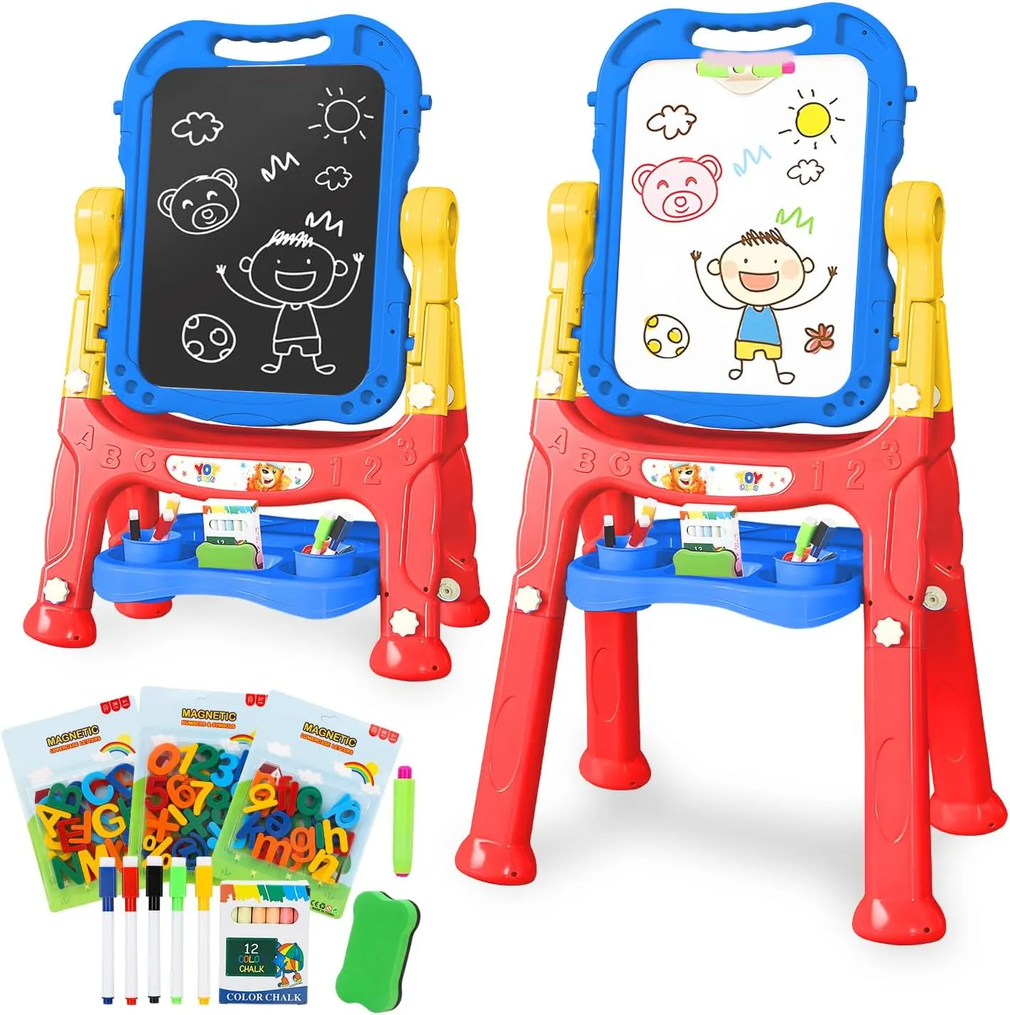 TOY Life Art Easel for Kids - Adjustable Standing Toddler Easel, 4 in1 Double-Sided Large Magnetic Drawing Chalk Board Kids Easel, White Board for Kids Birthday Gifts for Boys Girls