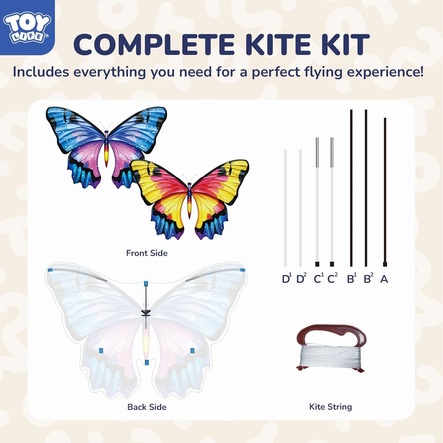 TOY Life Kites for Kids Ages 4-8, 48.4"x34.2" Large Butterfly Kite Beach Kite with 328.1Ft String Easy to Fly for Kids Adults, Gift for 3  Girls Boys for Outdoor Game Activities