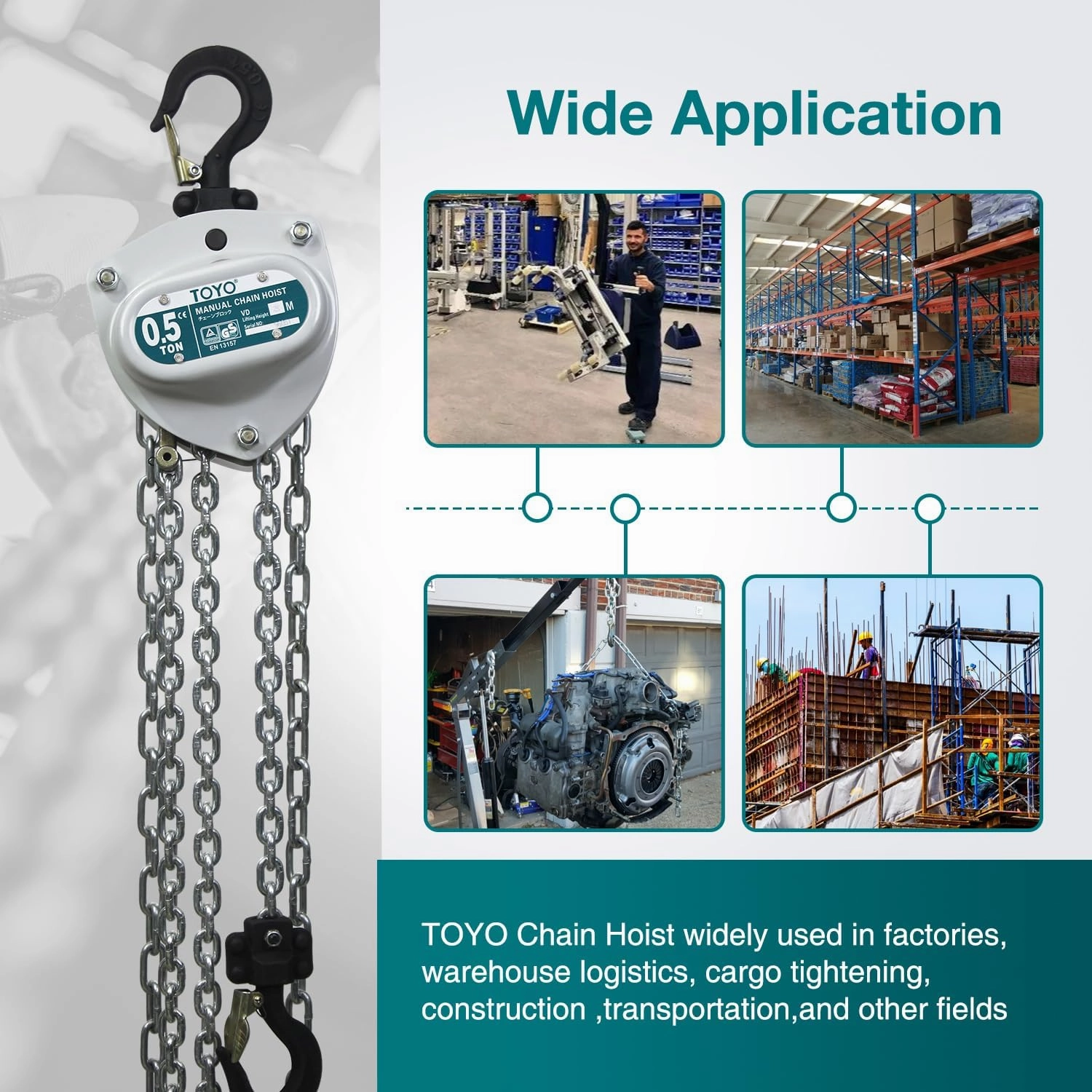 TOYO Chain Hoist 1100Lb,10ft Manual Chain Block Hoist 0.5ton Chain Fall 3M Come Along Hand Chain Hoist 2 Heavy Duty Hooks Industrial Grade Steel for Warehouse Automotive Construction Building