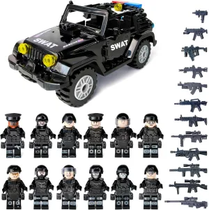 Toysvill SWAT Military Police Building Block Set for Kids | SUV   Soldiers Minifigures (12 PCS) with Weapons and Accessories Gift
