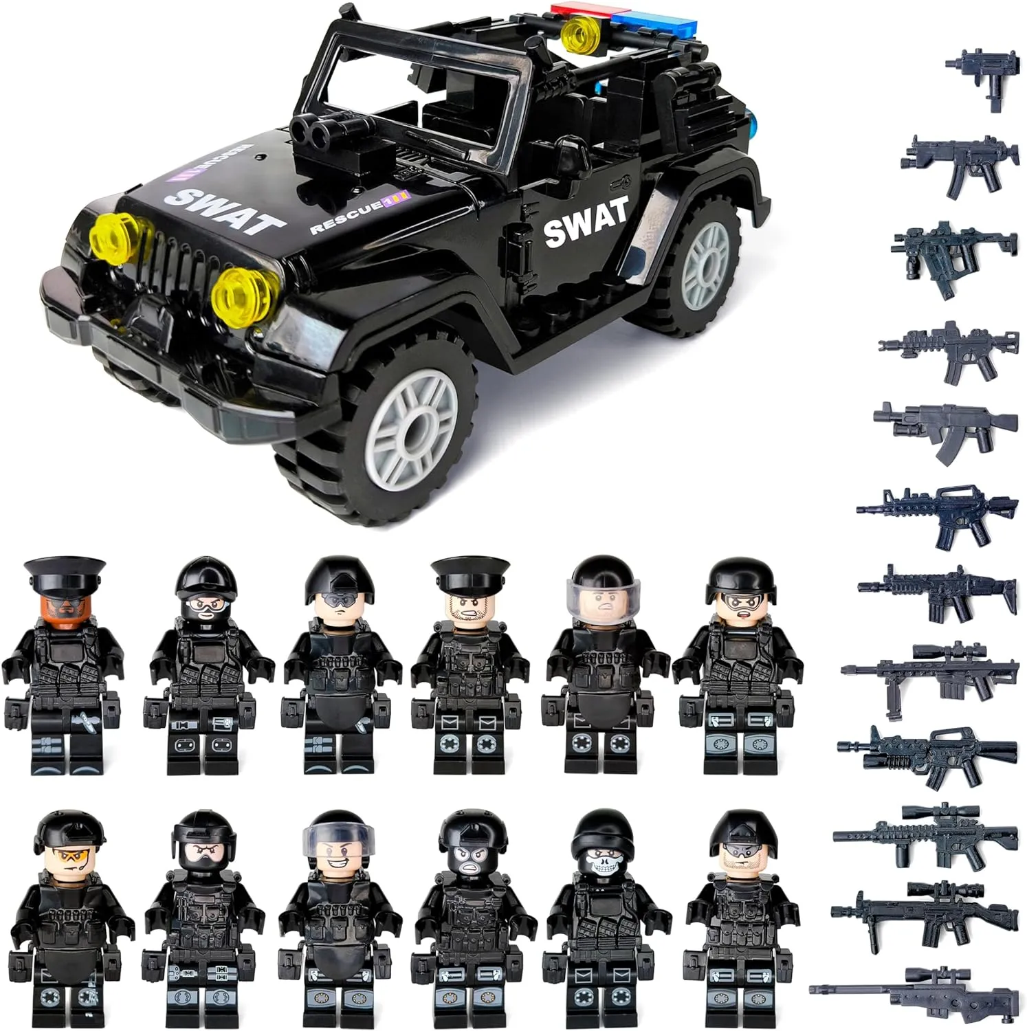 Toysvill SWAT Military Police Building Block Set for Kids | SUV   Soldiers Minifigures (12 PCS) with Weapons and Accessories Gift