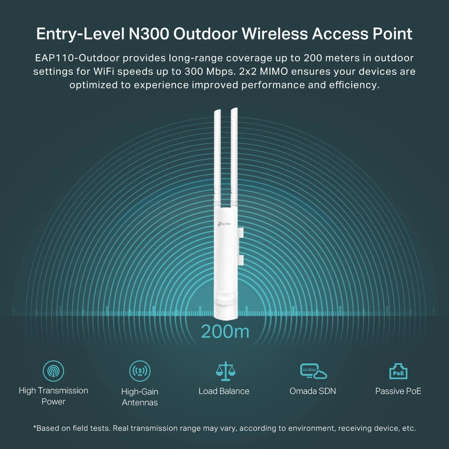 TP-Link EAP110-Outdoor V3 | Omada N300 Wireless Outdoor Access Point | WiFi Coverage up to 200 meters| Passive PoE w/ Free PoE Injector | SDN Integrated | Cloud Access & Omada App