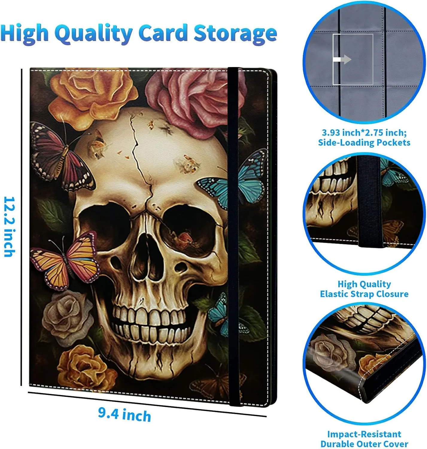 Trading Card Binder with 20 Sleeves, 9 Pocket Waterproof Card Book Holder Fits 360 Cards for Trading Cards, Football Cards, Pet Picture, Side Loading, Skull Roses Butterflies