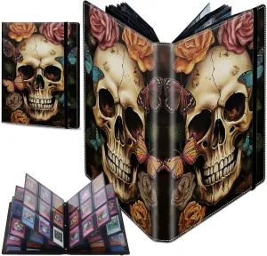 Trading Card Binder with 20 Sleeves, 9 Pocket Waterproof Card Book Holder Fits 360 Cards for Trading Cards, Football Cards, Pet Picture, Side Loading, Skull Roses Butterflies