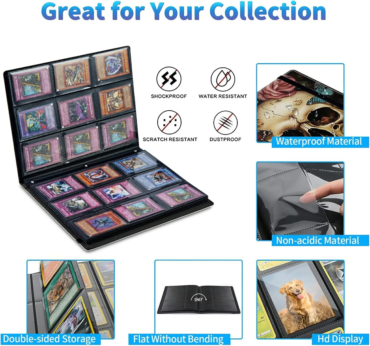 Trading Card Binder with 20 Sleeves, 9 Pocket Waterproof Card Book Holder Fits 360 Cards for Trading Cards, Football Cards, Pet Picture, Side Loading, Skull Roses Butterflies