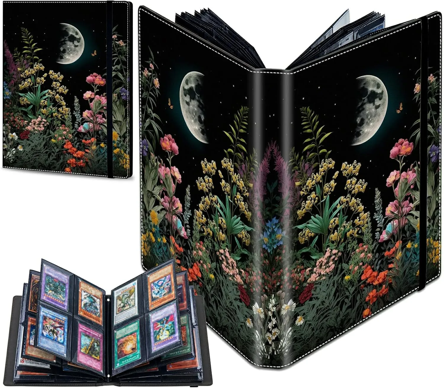 Trading Card Binder with 50 Sleeves, 4 Pocket Waterproof Card Book Holder Fits 400 Cards for Trading Cards, Football Cards, Pet Picture, Side Loading, Moonlit Garden Colorful Plants