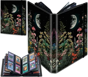 Trading Card Binder with 50 Sleeves, 4 Pocket Waterproof Card Book Holder Fits 400 Cards for Trading Cards, Football Cards, Pet Picture, Side Loading, Moonlit Garden Colorful Plants