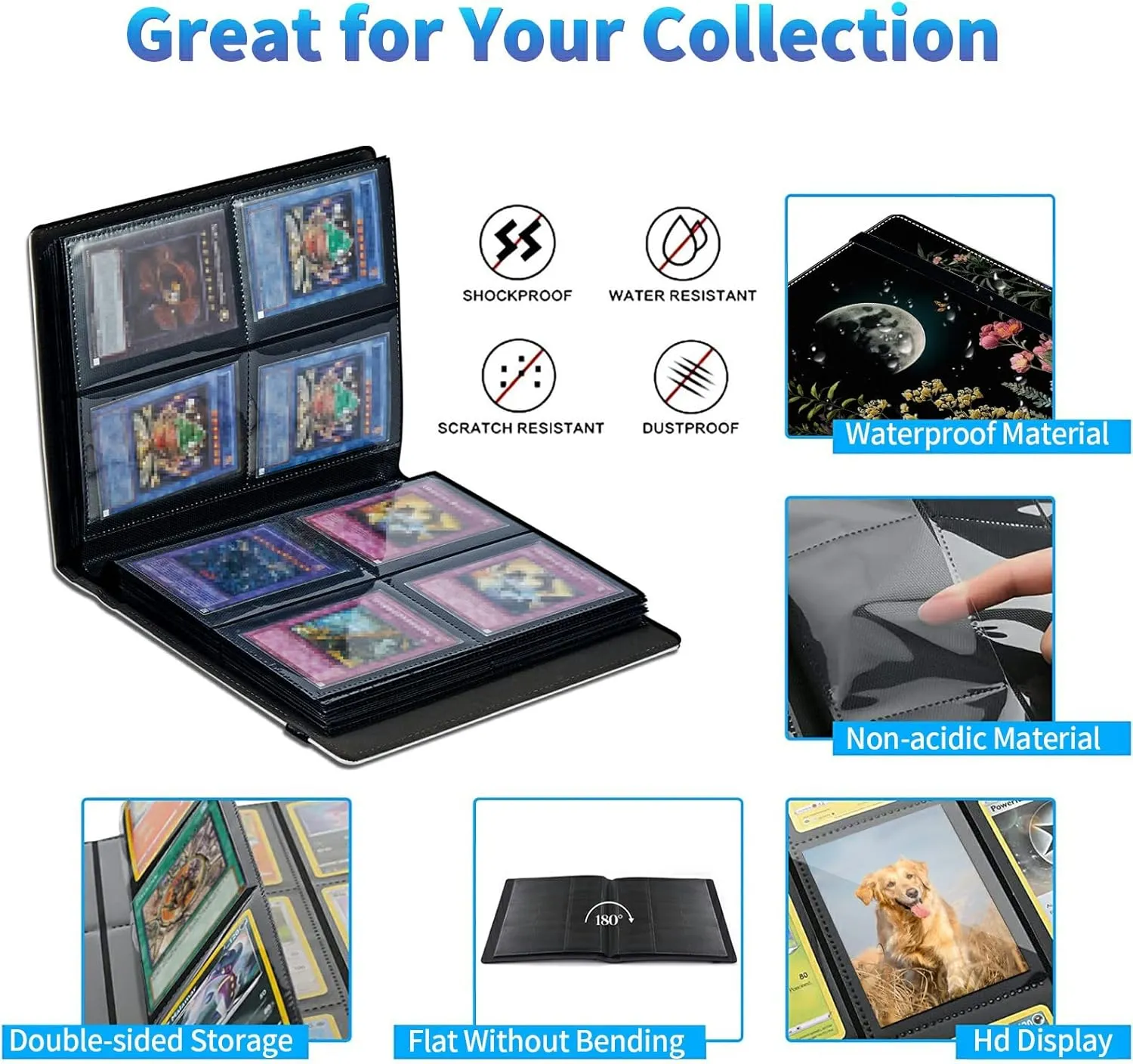 Trading Card Binder with 50 Sleeves, 4 Pocket Waterproof Card Book Holder Fits 400 Cards for Trading Cards, Football Cards, Pet Picture, Side Loading, Moonlit Garden Colorful Plants