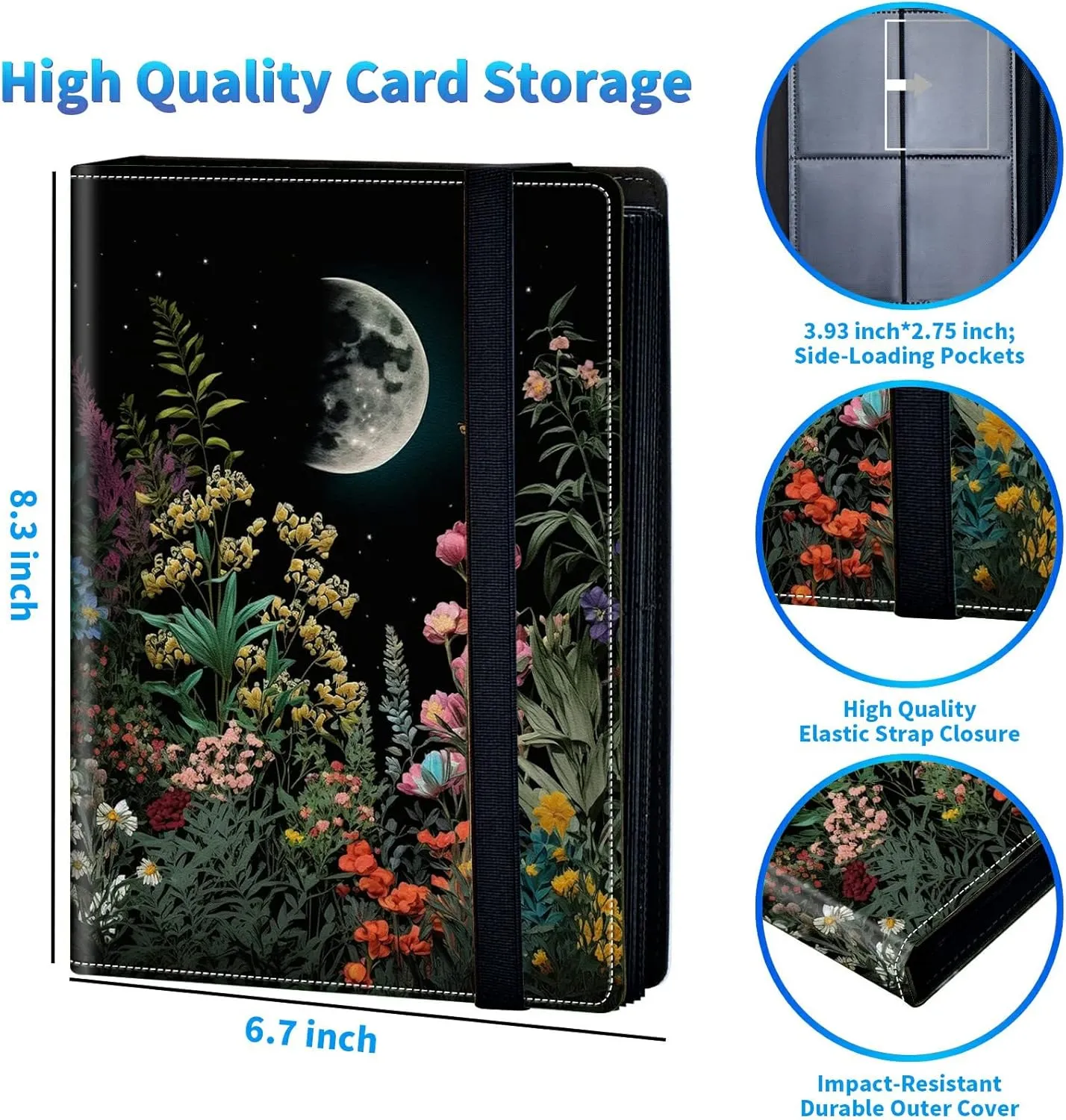 Trading Card Binder with 50 Sleeves, 4 Pocket Waterproof Card Book Holder Fits 400 Cards for Trading Cards, Football Cards, Pet Picture, Side Loading, Moonlit Garden Colorful Plants