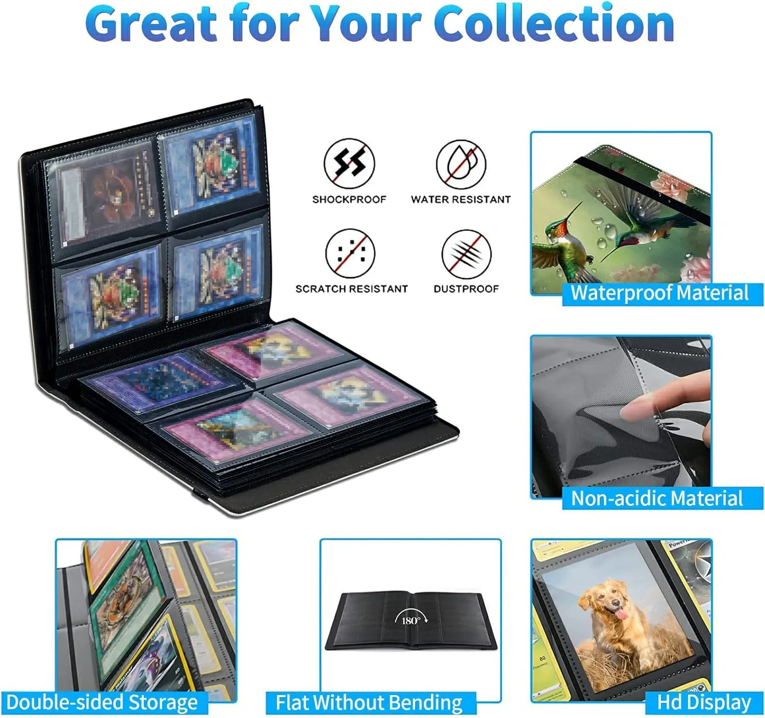 Trading Card Binder with 50 Sleeves, 4 Pocket Waterproof Card Book Holder Fits 400 Cards for Trading Cards, Football Cards, Pet Picture, Side Loading, Painting Hummingbird Flowers