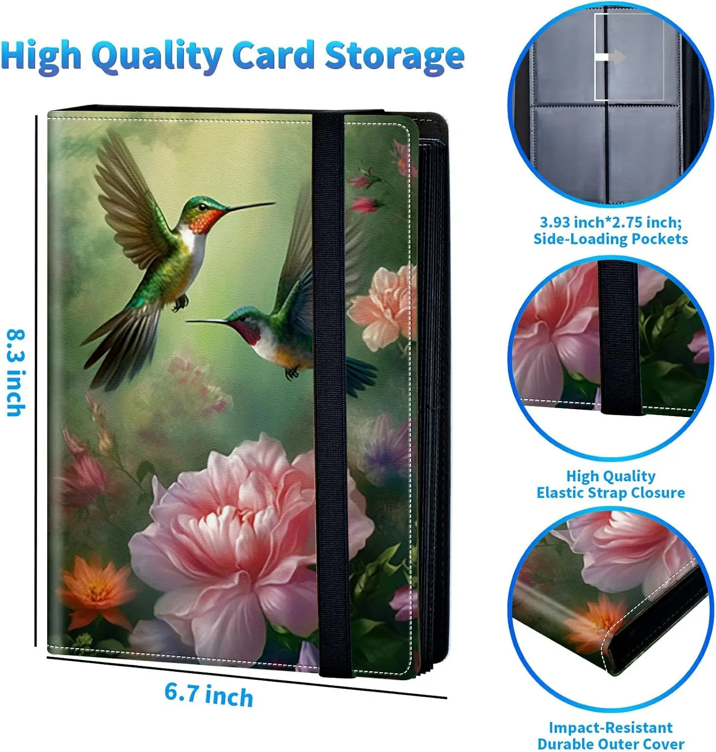 Trading Card Binder with 50 Sleeves, 4 Pocket Waterproof Card Book Holder Fits 400 Cards for Trading Cards, Football Cards, Pet Picture, Side Loading, Painting Hummingbird Flowers