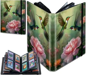 Trading Card Binder with 50 Sleeves, 4 Pocket Waterproof Card Book Holder Fits 400 Cards for Trading Cards, Football Cards, Pet Picture, Side Loading, Painting Hummingbird Flowers