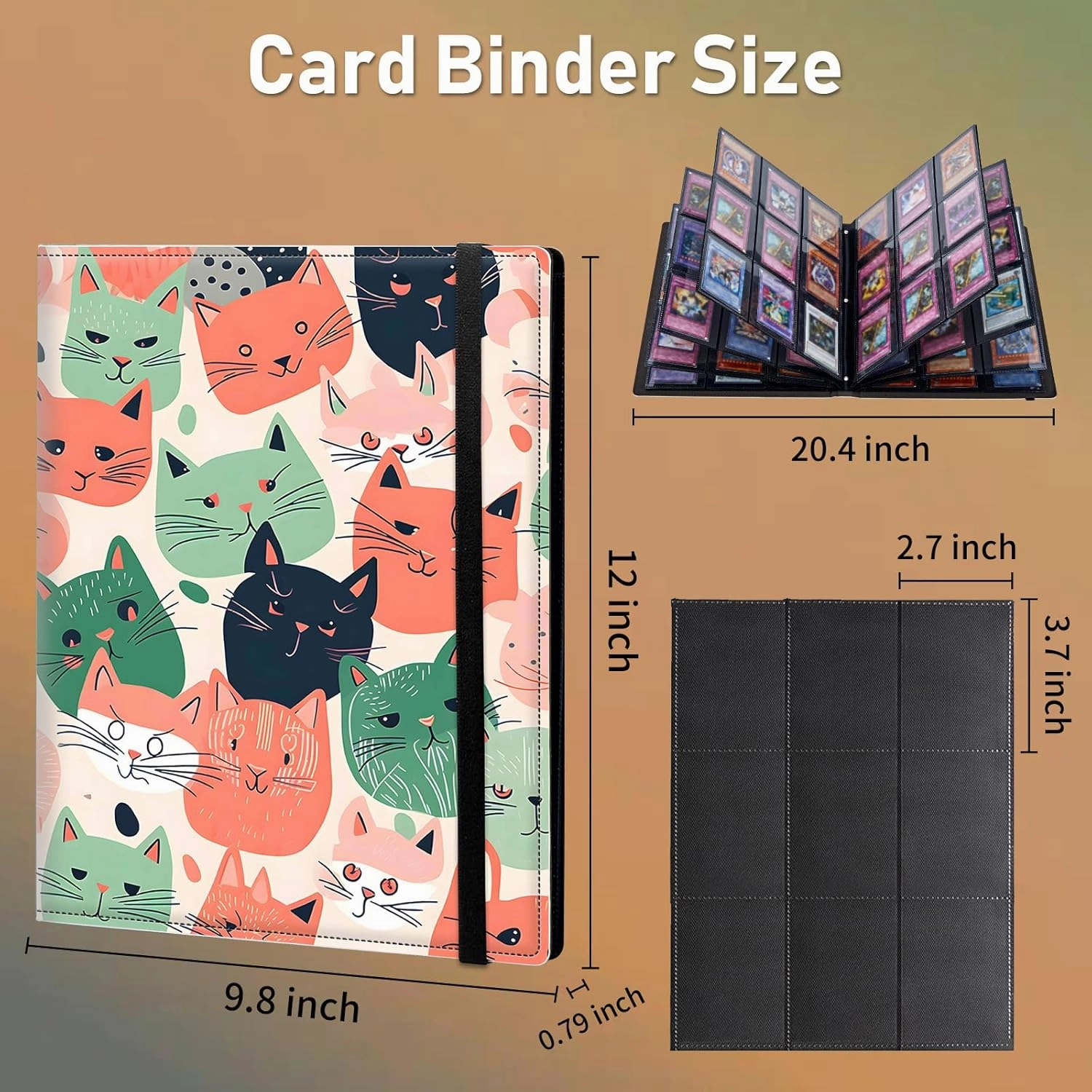 Trading Card Binder 9 Pocket Trading Cards Album Display Holder, 720 Cards Double Sided Pockets Card Holder Binder Sleeves Card Case for Standard Size Cards,Colorful Cat Head
