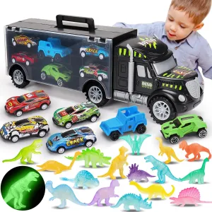 Transport Truck and Car Toys for 3 4 5  Year Old Boys Birthday Gifts Carrier Truck Vehicle Toddler Boy Toys Age 3-4 4-7 Dinosaur Toys for Kids 3-5 5-7 with Glowing Dino Figures Boy Presents