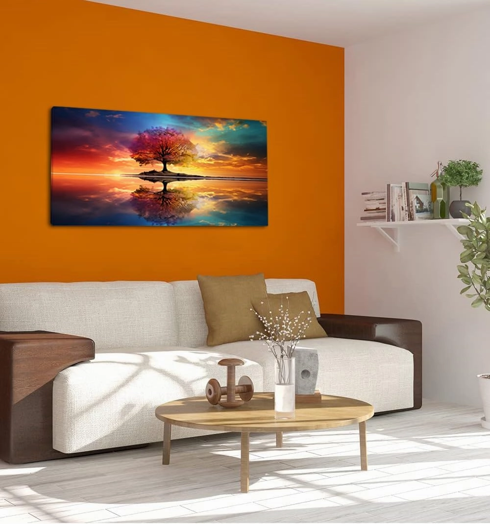 Tree Alone Standing Middle of Lake Landscape Canvas Wall Art for Living Room Bedroom Home, Beautiful Nature Scenery Painting Print Picture Decor Artwork, Wrapped Gift Inner Frame 24x48 Inches