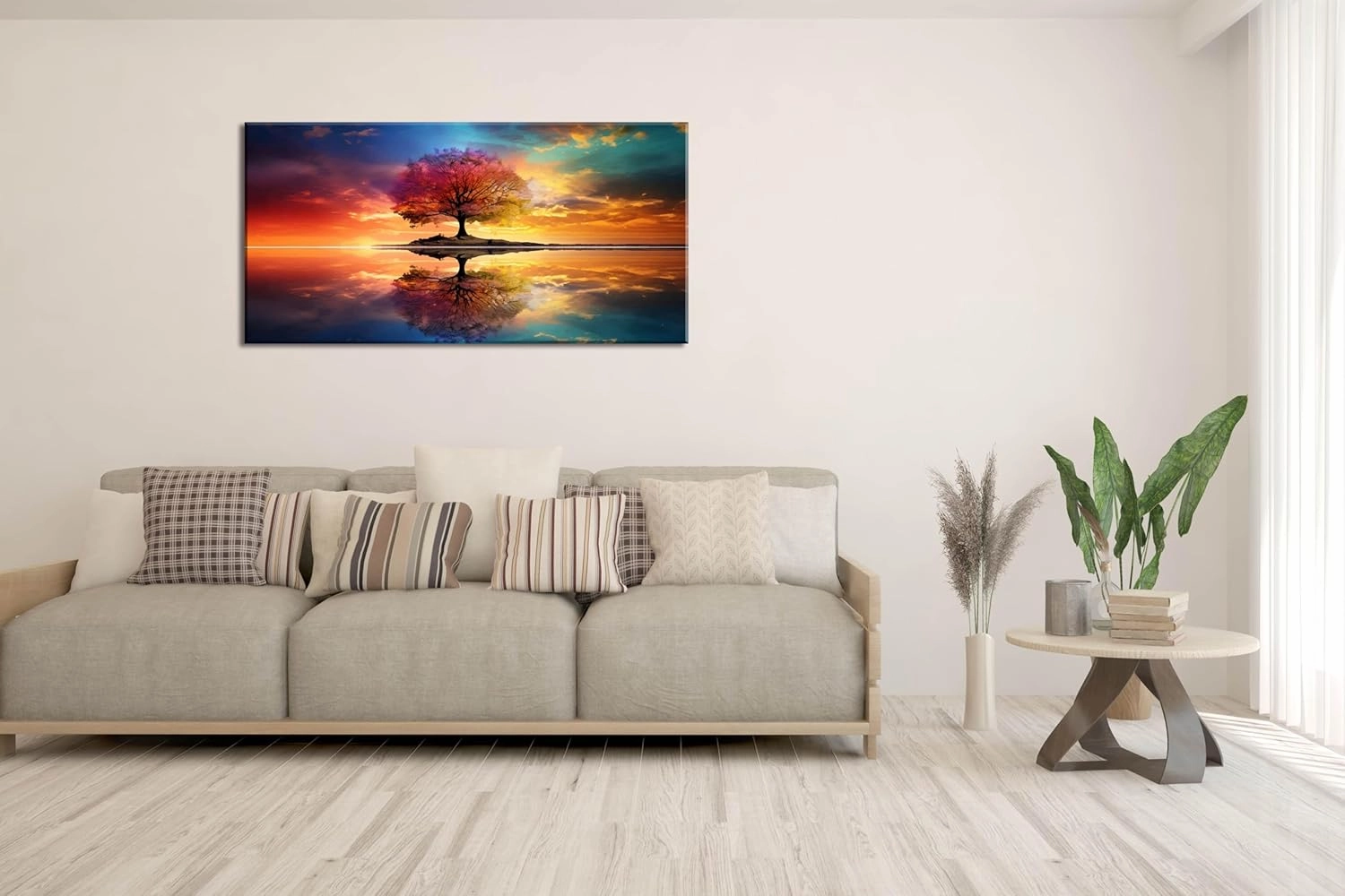 Tree Alone Standing Middle of Lake Landscape Canvas Wall Art for Living Room Bedroom Home, Beautiful Nature Scenery Painting Print Picture Decor Artwork, Wrapped Gift Inner Frame 24x48 Inches