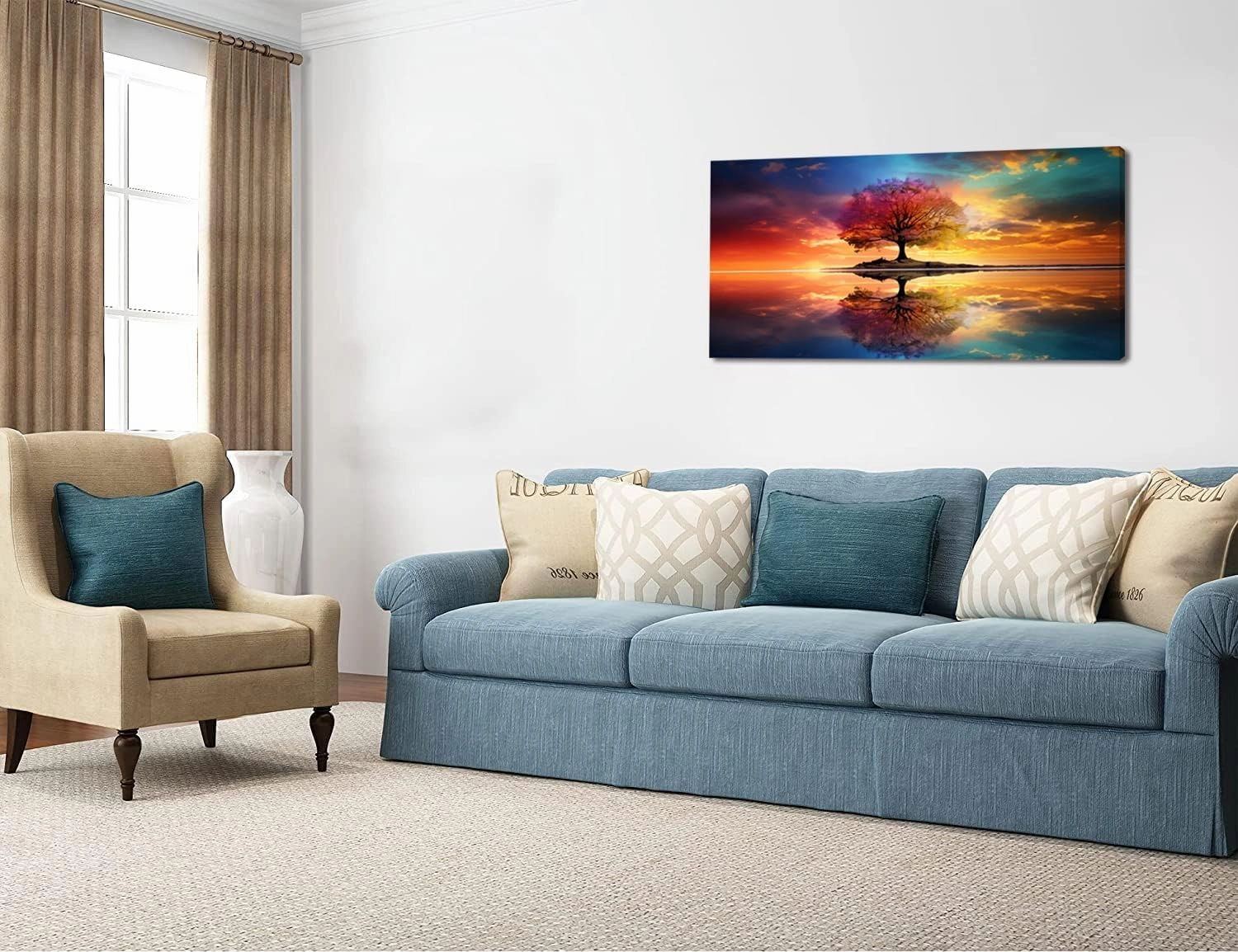 Tree Alone Standing Middle of Lake Landscape Canvas Wall Art for Living Room Bedroom Home, Beautiful Nature Scenery Painting Print Picture Decor Artwork, Wrapped Gift Inner Frame 24x48 Inches
