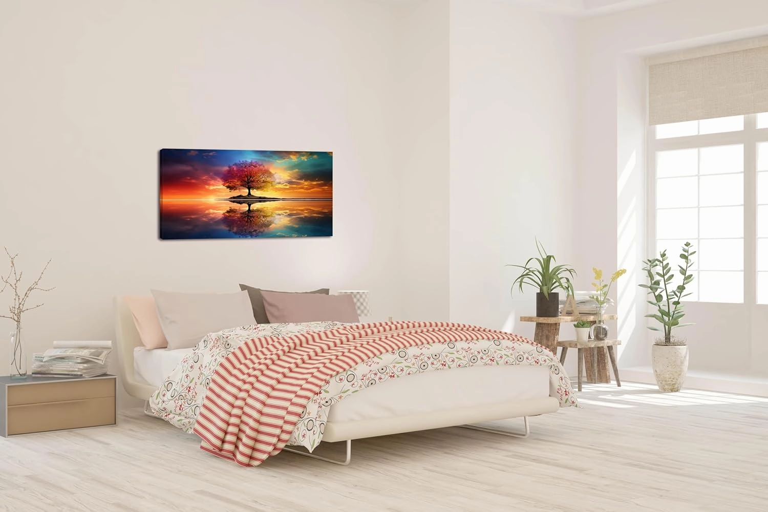 Tree Alone Standing Middle of Lake Landscape Canvas Wall Art for Living Room Bedroom Home, Beautiful Nature Scenery Painting Print Picture Decor Artwork, Wrapped Gift Inner Frame 24x48 Inches