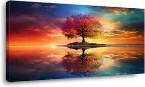 Tree Alone Standing Middle of Lake Landscape Canvas Wall Art for Living Room Bedroom Home, Beautiful Nature Scenery Painting Print Picture Decor Artwork, Wrapped Gift Inner Frame 24x48 Inches