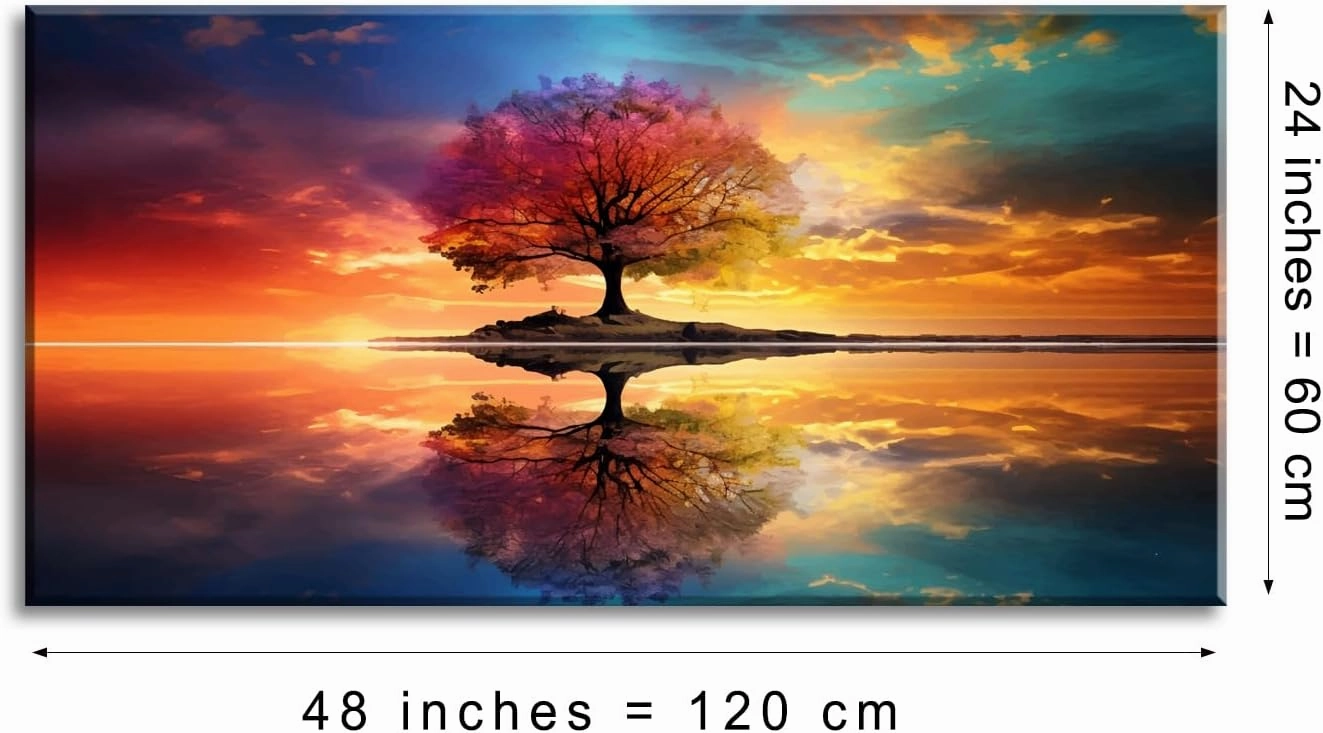 Tree Alone Standing Middle of Lake Landscape Canvas Wall Art for Living Room Bedroom Home, Beautiful Nature Scenery Painting Print Picture Decor Artwork, Wrapped Gift Inner Frame 24x48 Inches