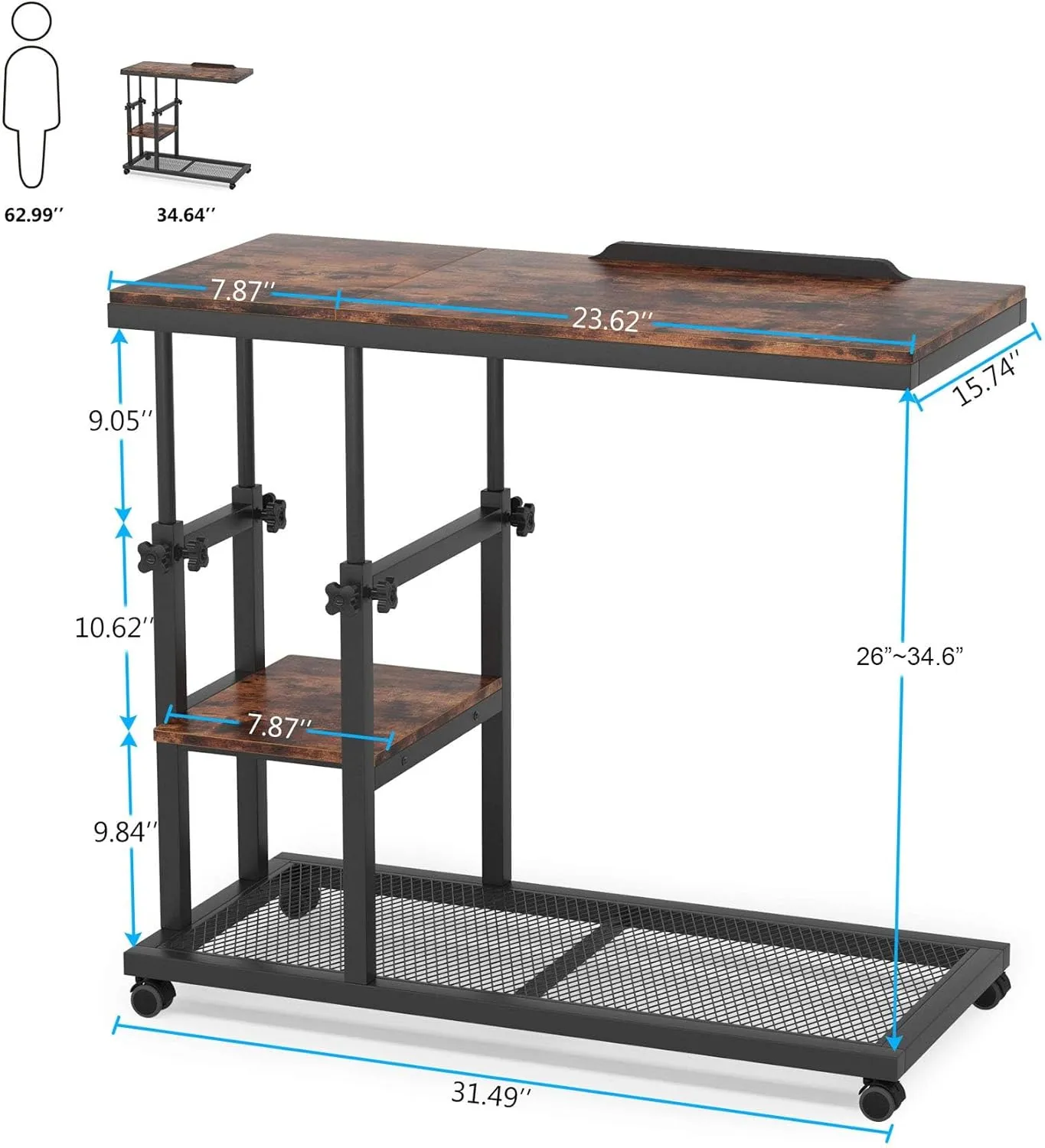 Tribesigns Height Adjustable C Table with Wheels, Mobile Couch Snack Side Table with Tiltable Drawing Board, Sofa Bedside Laptop Stand C Shaped TV Tray with Storage Shelves (Brown)