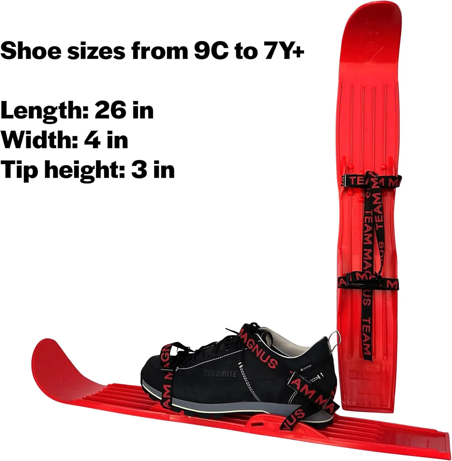 Tundra Wolf Kids skis - skis for Kids with Universal bindings for Toddlers and up -Shoe Size 9C to 7Y - Build Balance and Technique with Flexible ski Skates (26'' x 4'' with 3'' tip)