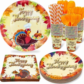 TURNMEON 240Pcs Thanksgiving Party Supplies Disposable Dinnerware Set Include Paper Plates Dessert Plates Napkins Forks Knives Spoon Cups Straws Turkey Themed Thanksgiving Dinner Decorations,Serves 30