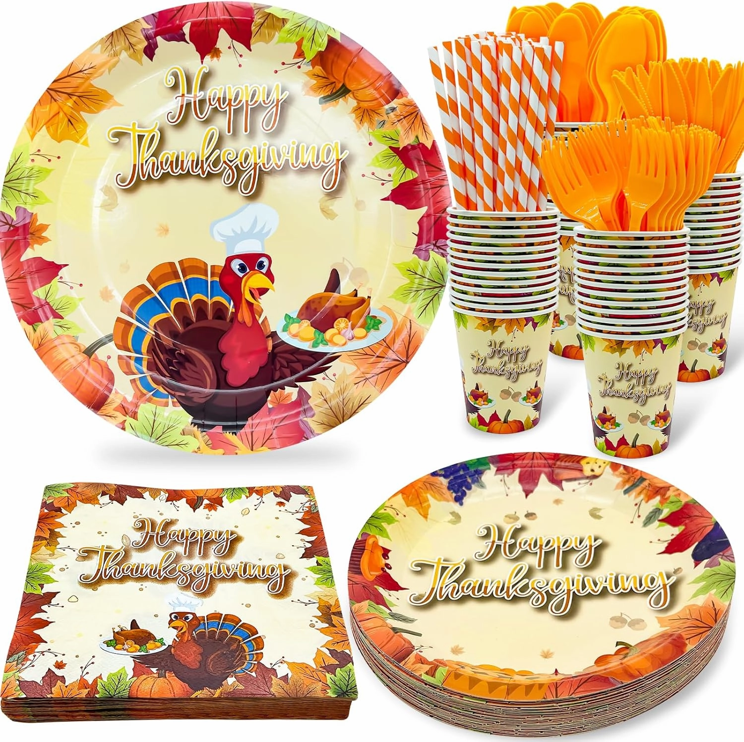 TURNMEON 240Pcs Thanksgiving Party Supplies Disposable Dinnerware Set Include Paper Plates Dessert Plates Napkins Forks Knives Spoon Cups Straws Turkey Themed Thanksgiving Dinner Decorations,Serves 30
