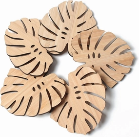 Turtle Leaf Tropical Leaves Wooden Coasters 5pc Jungle Plant Eco-Friendly Safari Hawaiian Luau, Tiki Bar Aloha Beach Drinks Table Botanical Leaf Decorations for Cold Drinks, Cups & Mugs, Bar Table