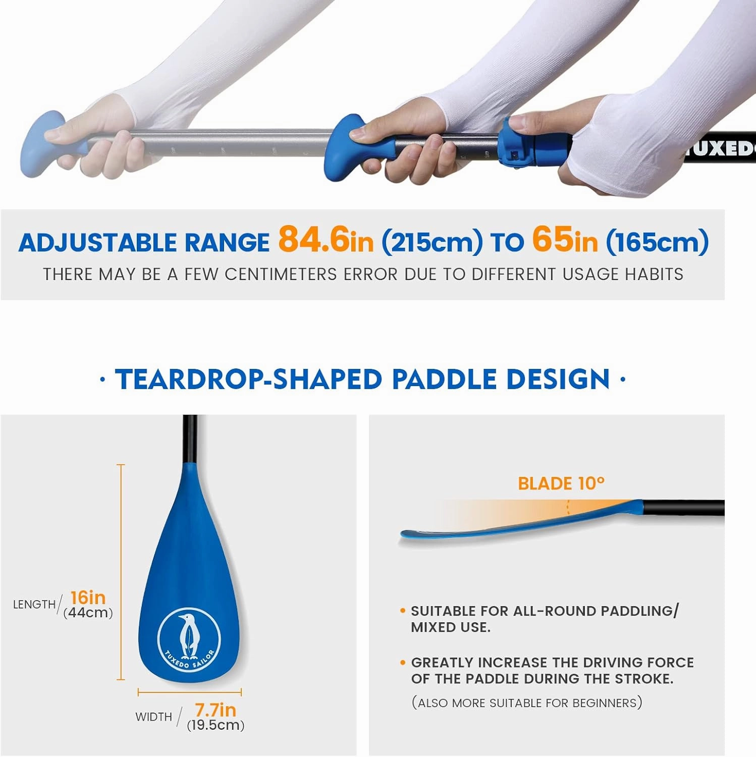 Tuxedo Sailor SUP Paddle - 3 Piece Adjustable Stand Up Paddle Board Paddle - Lightweight & Floating Paddle Board Oar - Durable and Packable, Reinforced Nylon Blades - Efficient Stroke