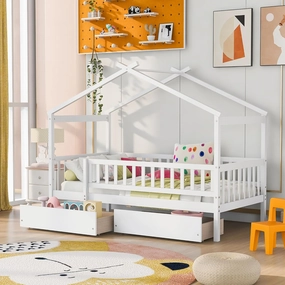 Twin House Bed with 2 Storage Drawers, White Kids Twin Bed Frame with Rails and Roof, Tent Bed, Wooden Twin Daybed, Twin Montessori Bed for Kids Teens Girls & Boys, No Box Spring Needed