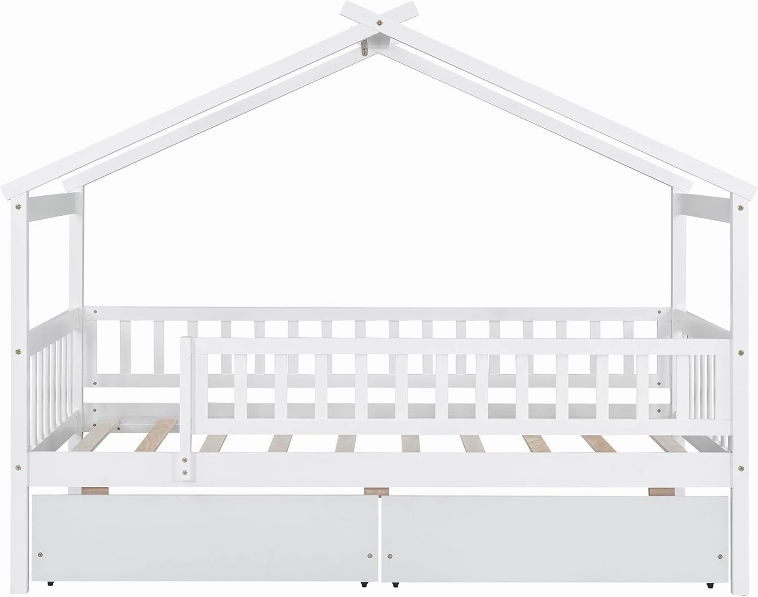 Twin House Bed with 2 Storage Drawers, White Kids Twin Bed Frame with Rails and Roof, Tent Bed, Wooden Twin Daybed, Twin Montessori Bed for Kids Teens Girls & Boys, No Box Spring Needed